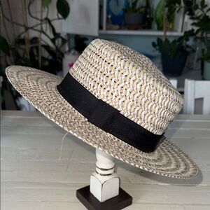 Woven Straw Boater Hat with Black Band